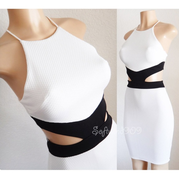 White Black High Neck Cutout Midi Bodycon Dress - Picture 2 of 8